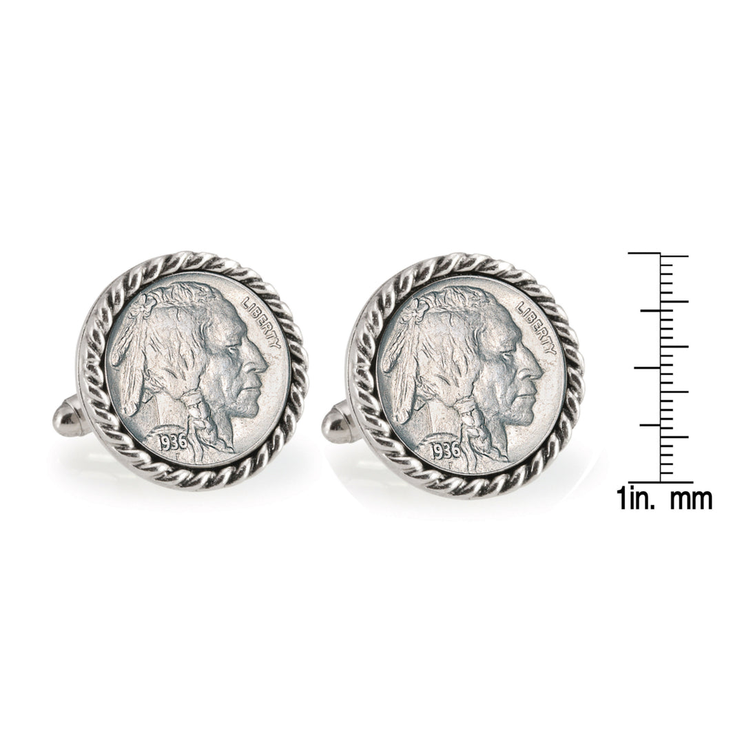 Buffalo Nickel Silvertone Rope Bezel Coin Cuff Links Image 4