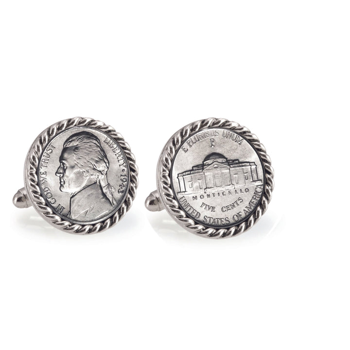 Silver Jefferson Nickel Wartime Nickel Silvertone Rope Bezel Coin Cuff Links Image 1