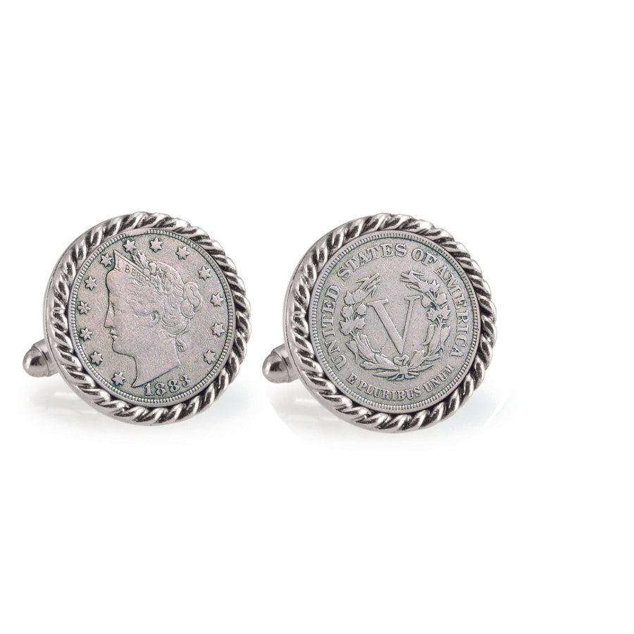 1883 First-Year-of-Issue Liberty Nickel Silvertone Rope Bezel Coin Cuff Links Image 1