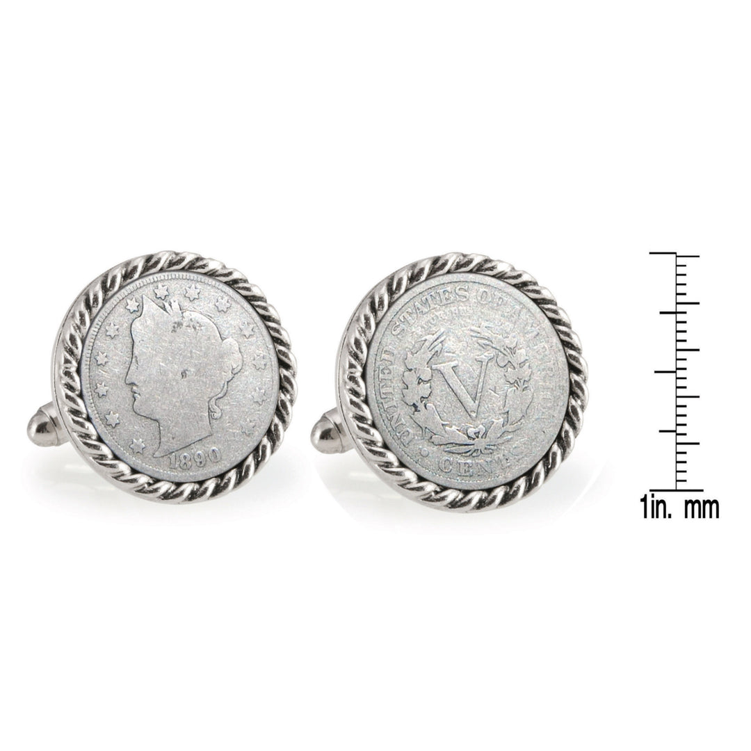 1800s Liberty Nickel Silvertone Rope Bezel Coin Cuff Links Image 4