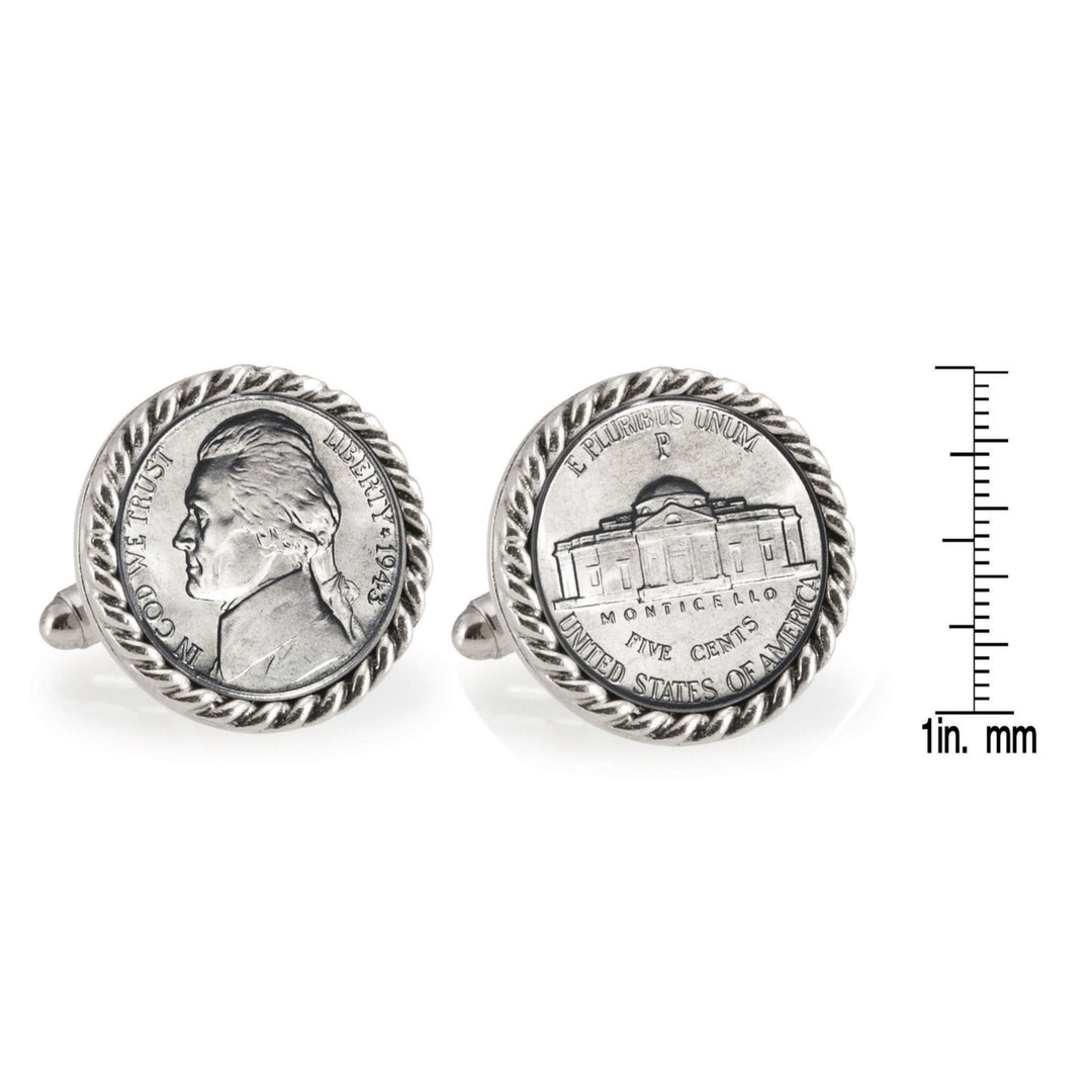 Silver Jefferson Nickel Wartime Nickel Silvertone Rope Bezel Coin Cuff Links Image 4