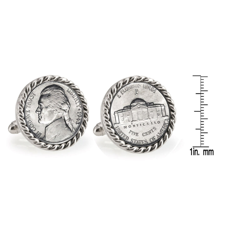 Silver Jefferson Nickel Wartime Nickel Silvertone Rope Bezel Coin Cuff Links Image 4