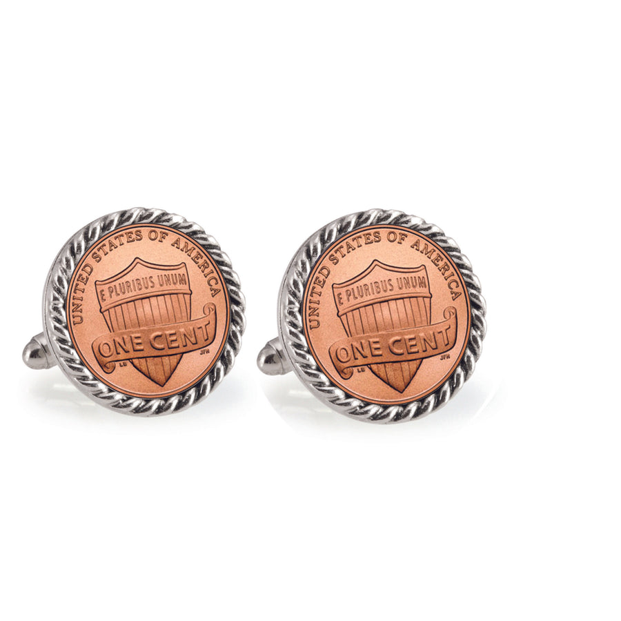 Lincoln Union Shield Penny Silvertone Rope Bezel Coin Cuff Links Image 1