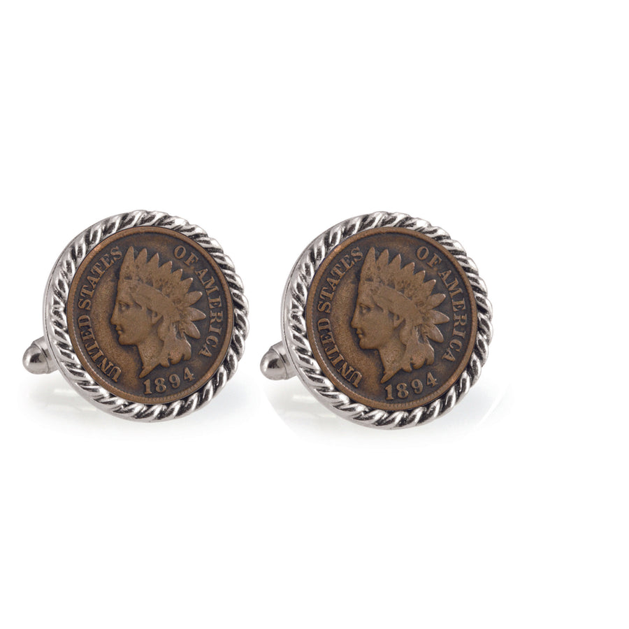 1800s Indian Head Penny Silvertone Rope Bezel Coin Cuff Links Image 1