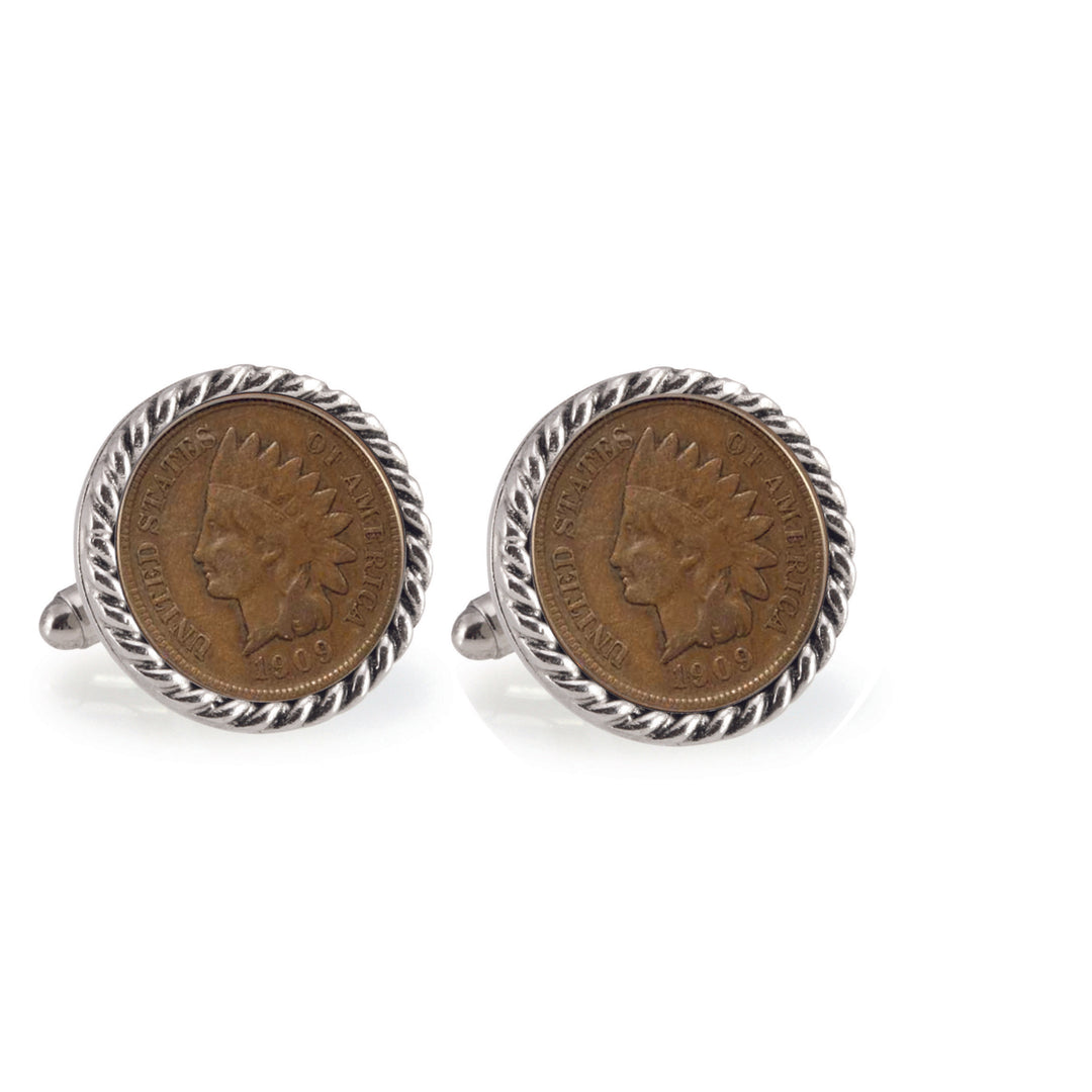 Indian Head Penny Silvertone Rope Bezel Coin Cuff Links Image 1