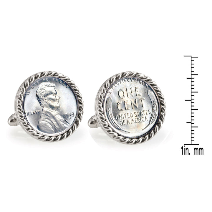 1943 Lincoln Steel Penny Silvertone Rope Bezel Coin Cuff Links Image 4