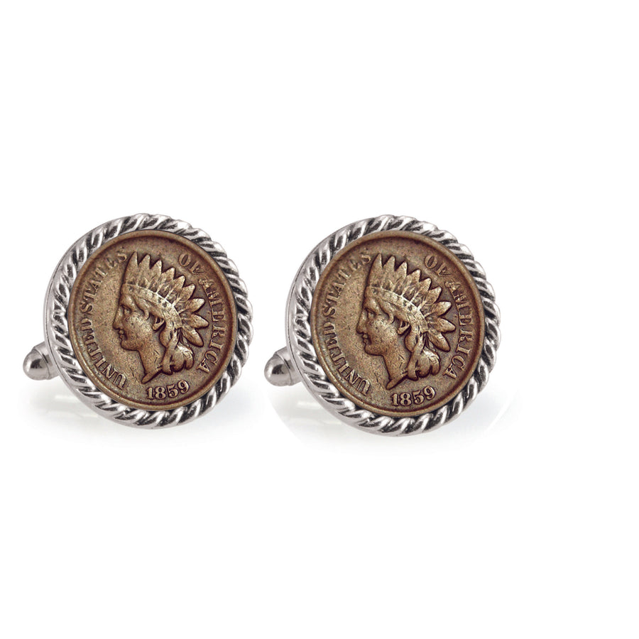 1859 First-Year-of-Issue Indian Head Penny Silvertone Rope Bezel Coin Cuff Links Image 1