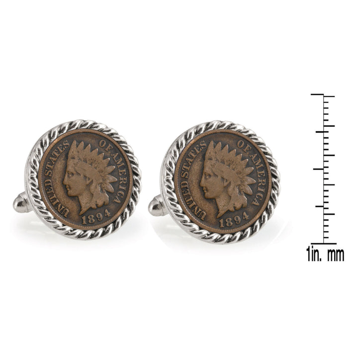 1800s Indian Head Penny Silvertone Rope Bezel Coin Cuff Links Image 4