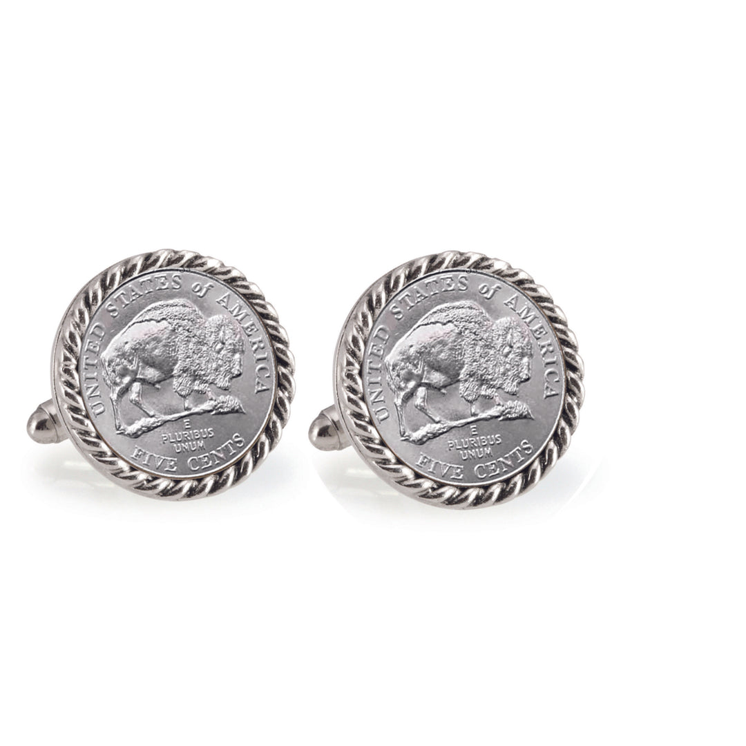 2005 Bison Nickel Silvertone Rope Bezel Coin Cuff Links Image 1