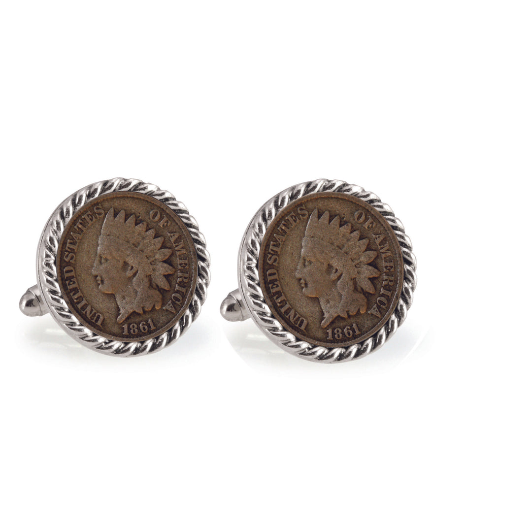 Civil War Indian Head Penny Silvertone Rope Bezel Coin Cuff Links Image 1