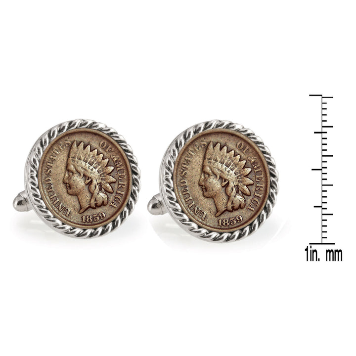 1859 First-Year-of-Issue Indian Head Penny Silvertone Rope Bezel Coin Cuff Links Image 4