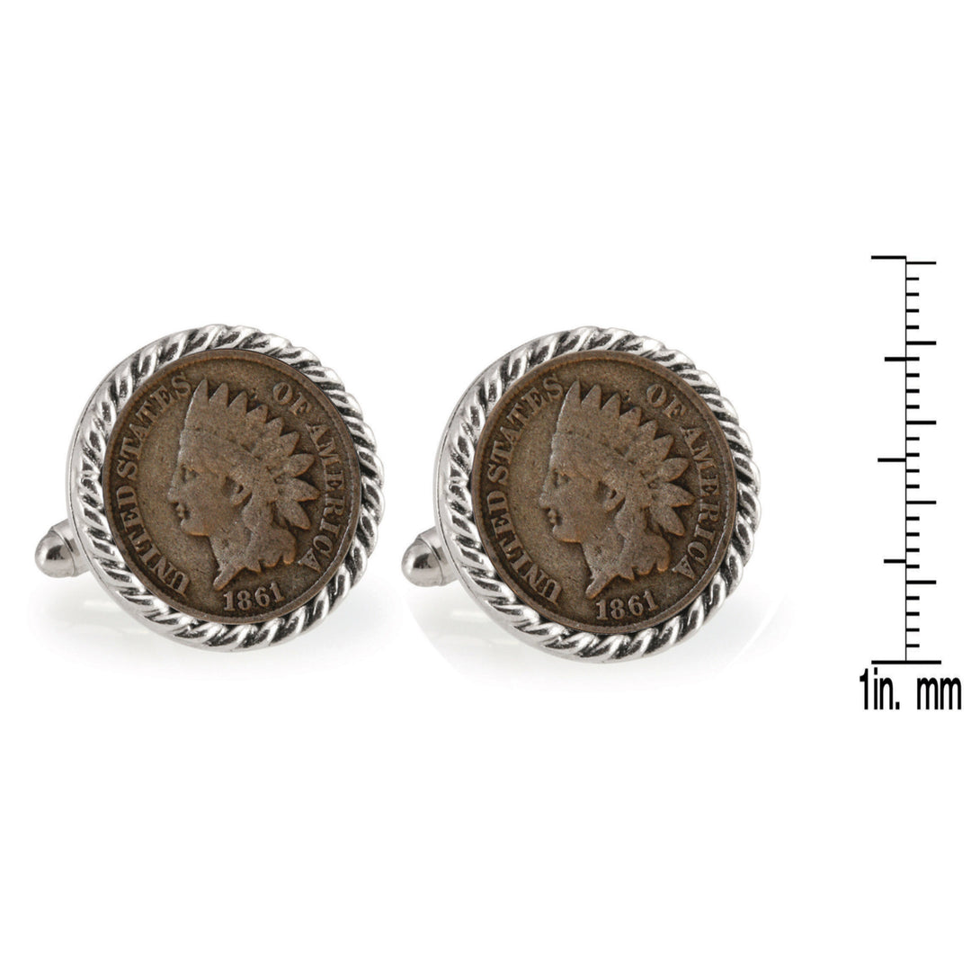 Civil War Indian Head Penny Silvertone Rope Bezel Coin Cuff Links Image 4