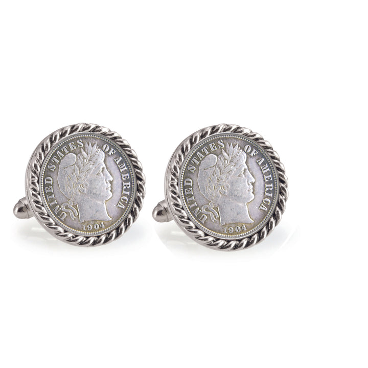 Silver Barber Dime Silvertone Rope Bezel Coin Cuff Links Image 1