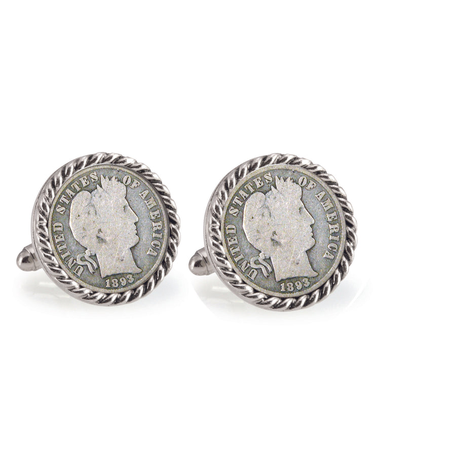 1800s Silver Barber Dime Silvertone Rope Bezel Coin Cuff Links Image 1