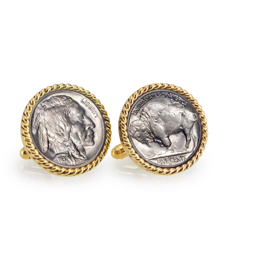 Buffalo Nickel Goldtone Rope Bezel Coin Cuff Links Image 1