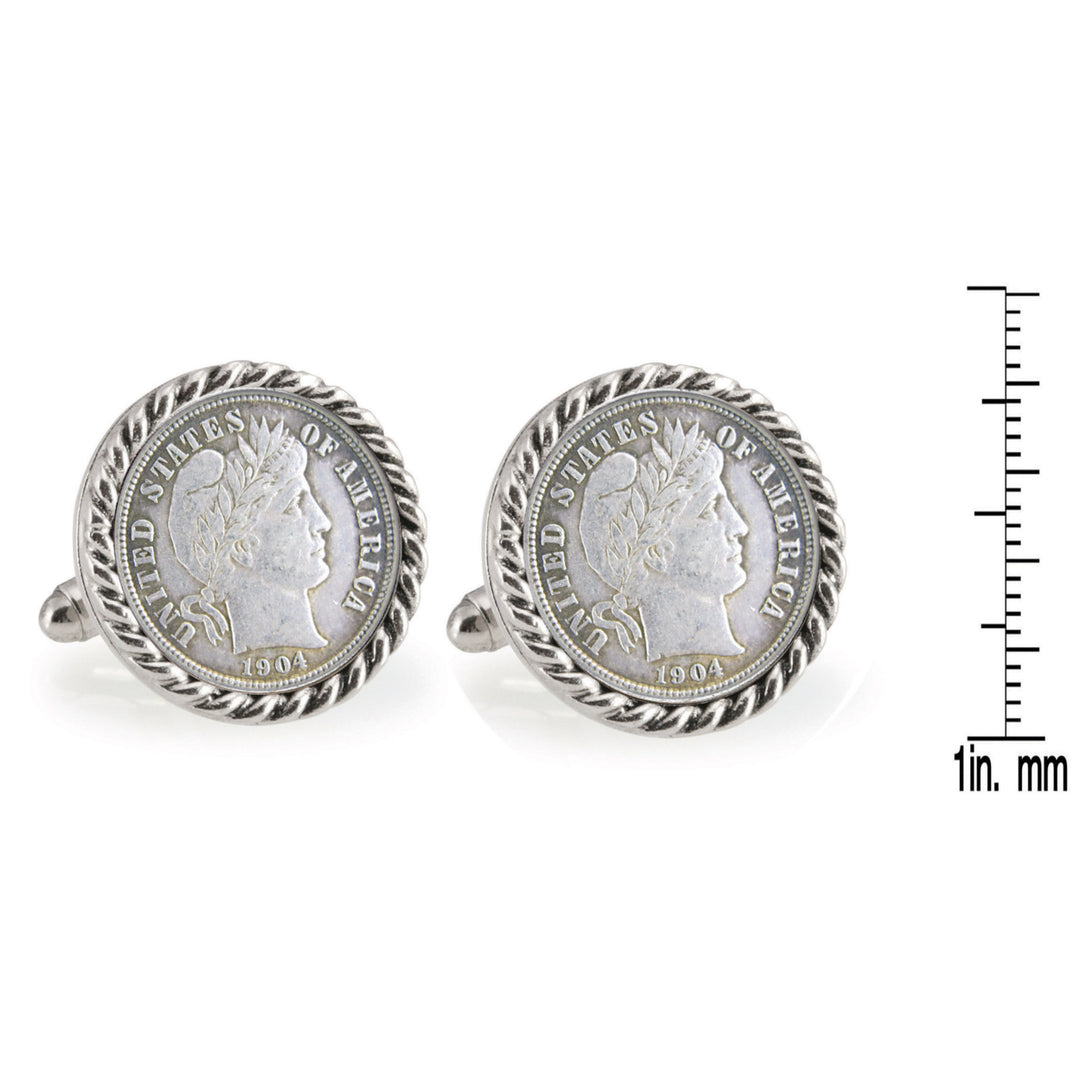 Silver Barber Dime Silvertone Rope Bezel Coin Cuff Links Image 4