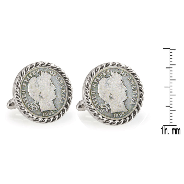1800s Silver Barber Dime Silvertone Rope Bezel Coin Cuff Links Image 4