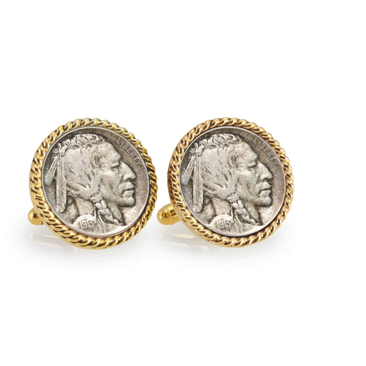 1913 First-Year-of-Issue Buffalo Nickel Goldtone Rope Bezel Coin Cuff Links Image 1