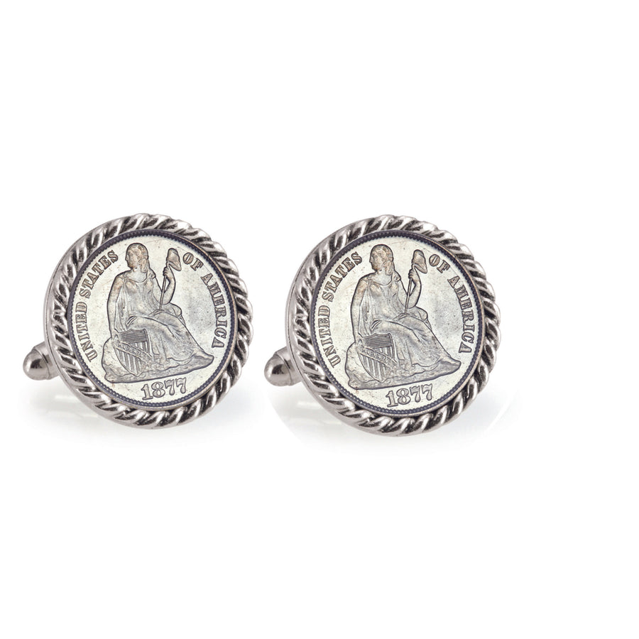 Seated Liberty Silver Dime Silvertone Rope Bezel Coin Cuff Links Image 1