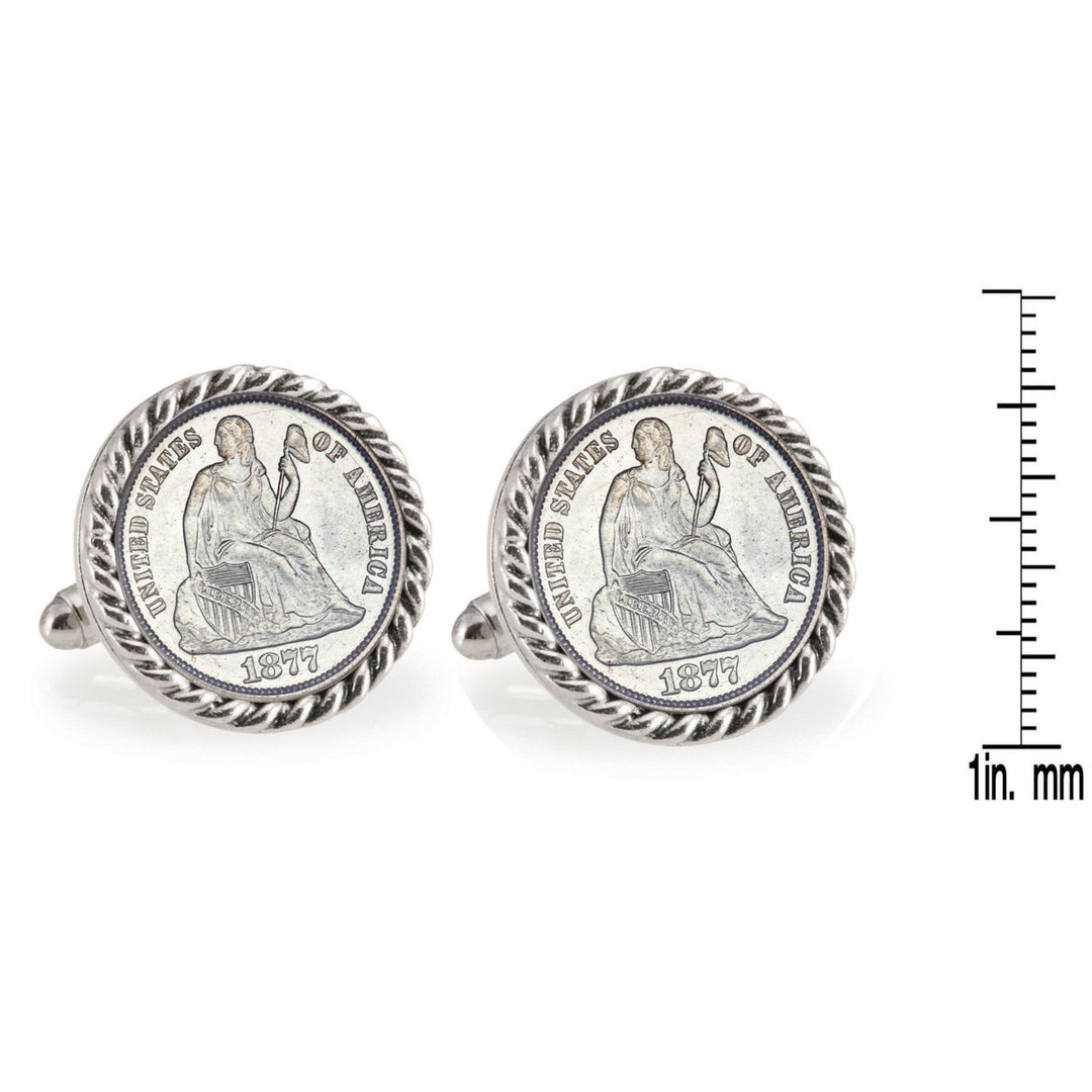 Seated Liberty Silver Dime Silvertone Rope Bezel Coin Cuff Links Image 4