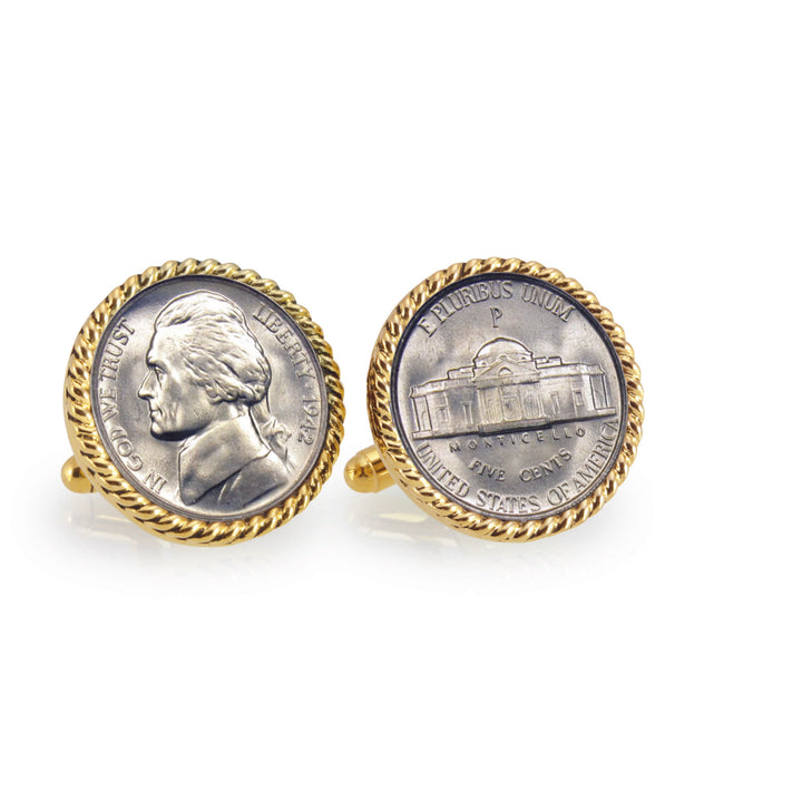 Silver Jefferson Nickel Wartime Nickel Goldtone Rope Bezel Coin Cuff Links Image 1