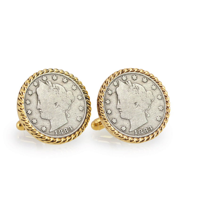 1883 First-Year-of-Issue Liberty Nickel Goldtone Rope Bezel Coin Cuff Links Image 1