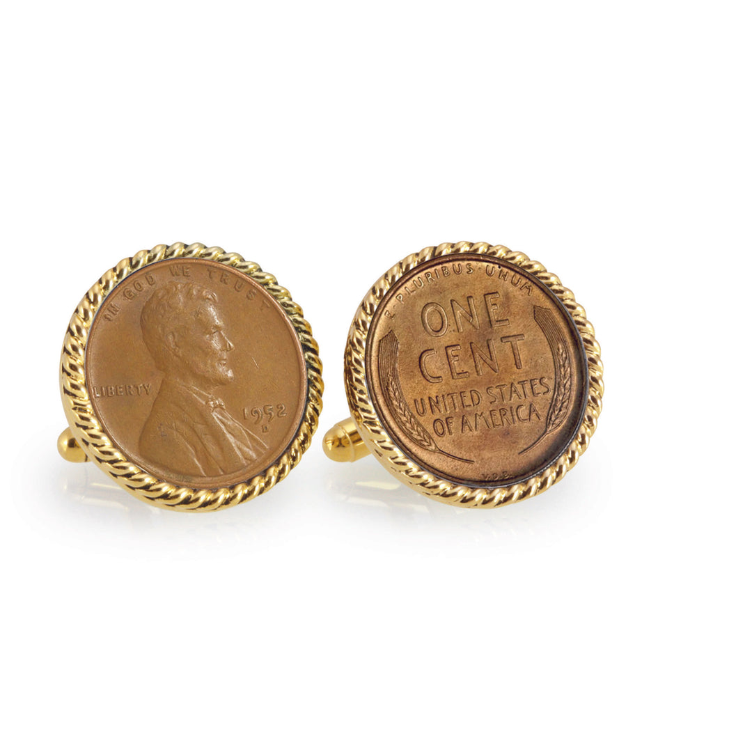 Lincoln Wheat-Ear Penny Cuff Goldtone Rope Bezel Coin Cuff Links Image 1