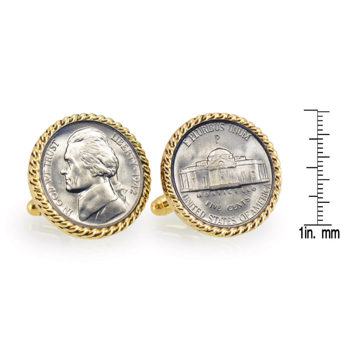 Silver Jefferson Nickel Wartime Nickel Goldtone Rope Bezel Coin Cuff Links Image 4