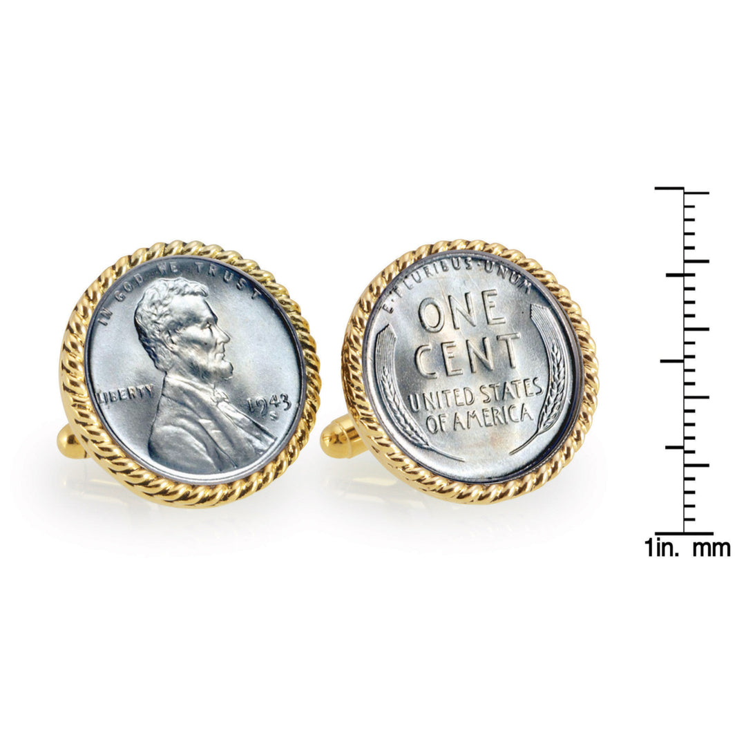 1943 Lincoln Steel Penny Goldtone Rope Bezel Coin Cuff Links Image 4