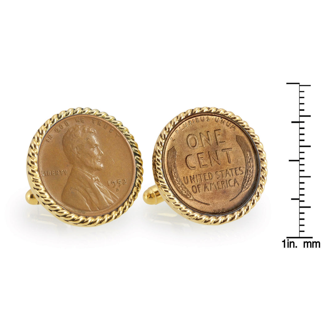 Lincoln Wheat-Ear Penny Cuff Goldtone Rope Bezel Coin Cuff Links Image 4