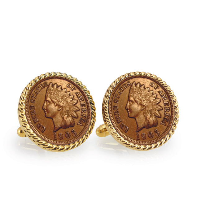 Indian Head Penny Goldtone Rope Bezel Coin Cuff Links Image 1