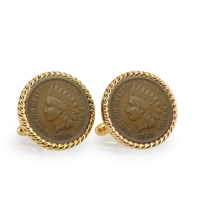 Civil War Indian Head Penny Goldtone Rope Bezel Coin Cuff Links Image 1