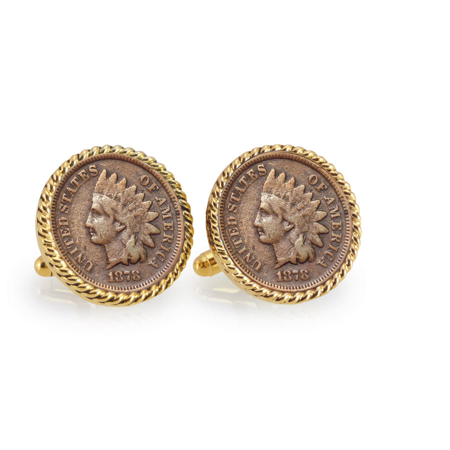 1800s Indian Head Penny Goldtone Rope Bezel Coin Cuff Links Image 1
