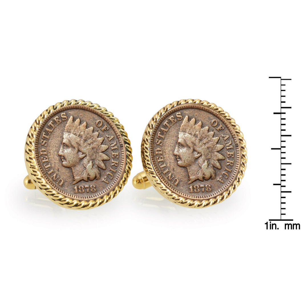 1800s Indian Head Penny Goldtone Rope Bezel Coin Cuff Links Image 4