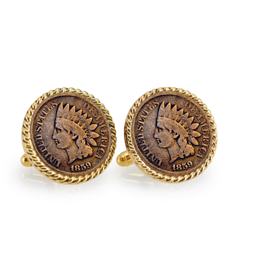 1859 First-Year-of-Issue Indian Head Penny Goldtone Rope Bezel Coin Cuff Links Image 1