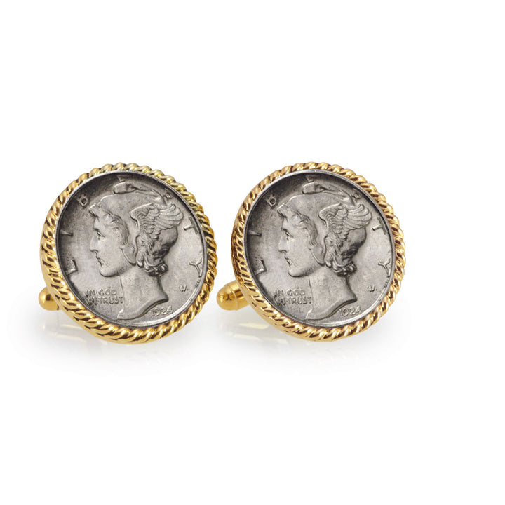 Silver Mercury Dime Goldtone Rope Bezel Coin Cuff Links Image 1