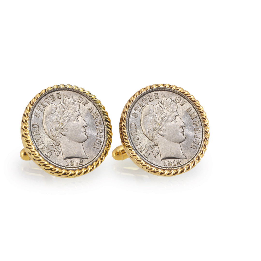 Silver Barber Dime Goldtone Rope Bezel Coin Cuff Links Image 1