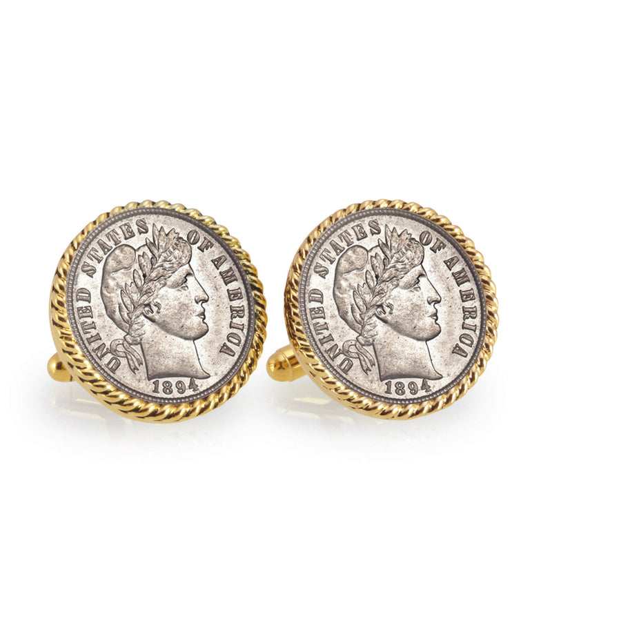 1800s Silver Barber Dime Goldtone Rope Bezel Coin Cuff Links Image 1