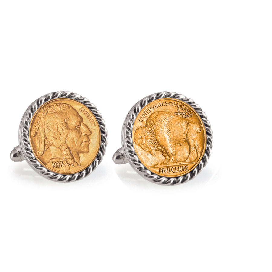 Gold-Layered Buffalo Nickel Silvertone Rope Bezel Coin Cuff Links Image 1