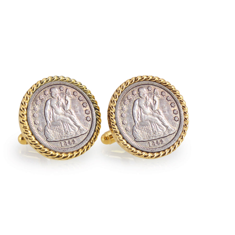 Seated Liberty Silver Dime Goldtone Rope Bezel Coin Cuff Links Image 1