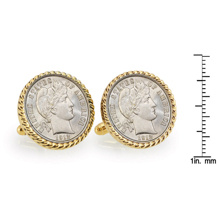 Silver Barber Dime Goldtone Rope Bezel Coin Cuff Links Image 4