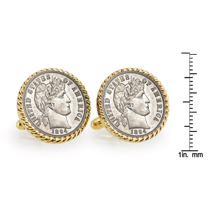 1800s Silver Barber Dime Goldtone Rope Bezel Coin Cuff Links Image 4
