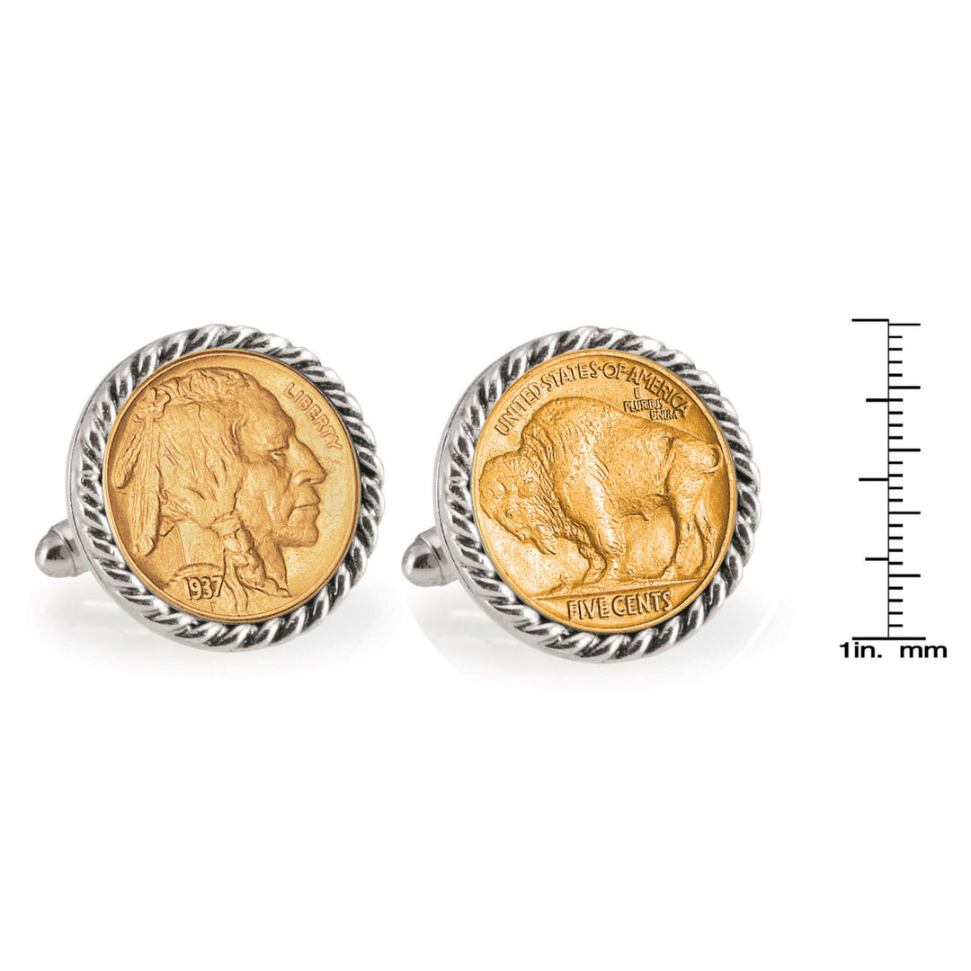 Gold-Layered Buffalo Nickel Silvertone Rope Bezel Coin Cuff Links Image 4