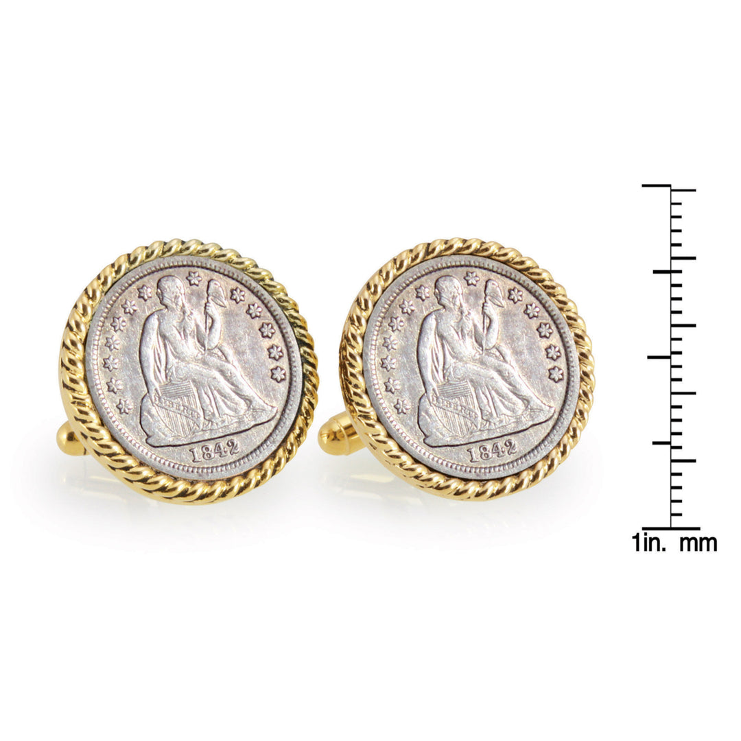 Seated Liberty Silver Dime Goldtone Rope Bezel Coin Cuff Links Image 4