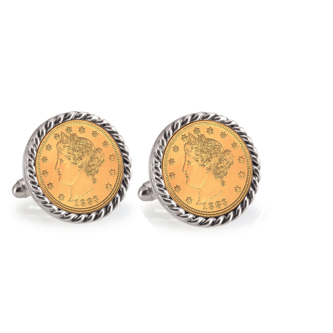 Gold-Layered Liberty Nickel Silvertone Rope Bezel Coin Cuff Links Image 1