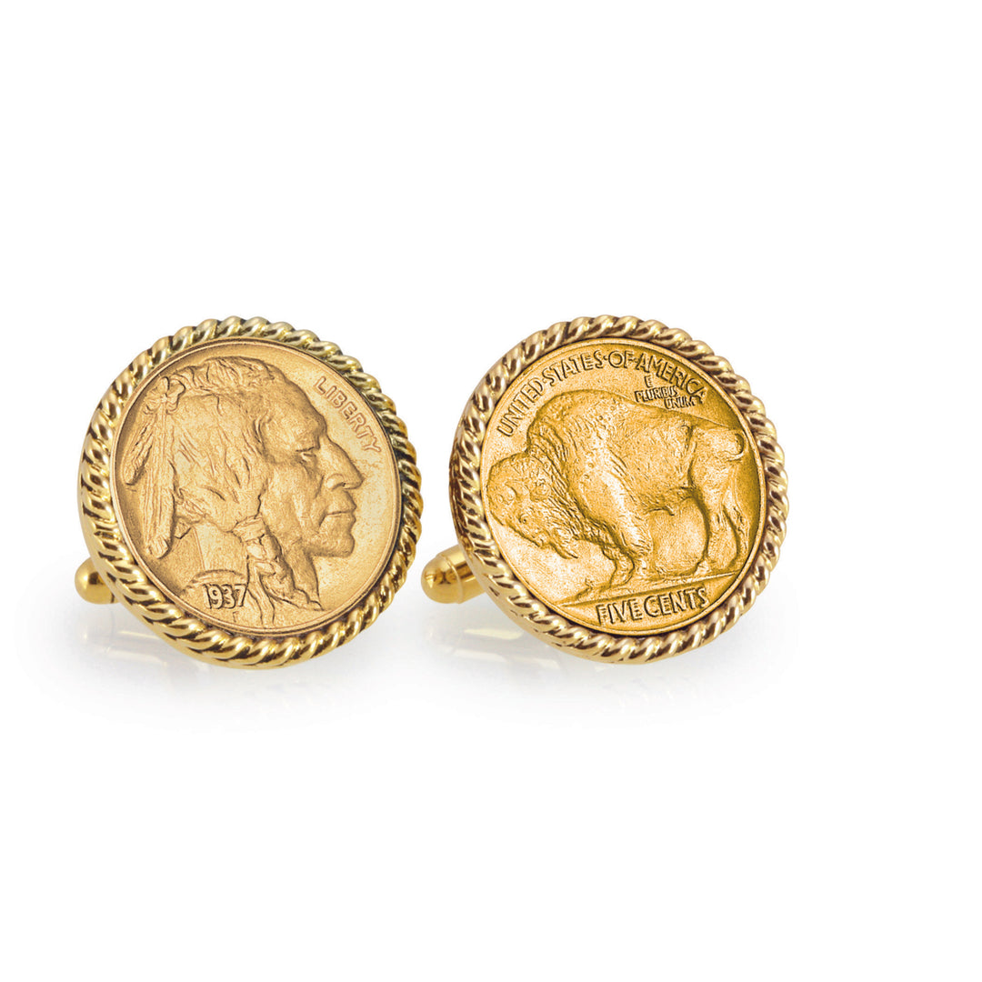 Gold-Layered Buffalo Nickel Goldtone Rope Bezel Coin Cuff Links Image 1