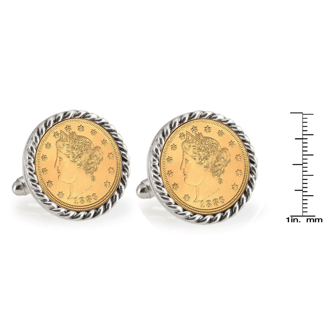 Gold-Layered Liberty Nickel Silvertone Rope Bezel Coin Cuff Links Image 4