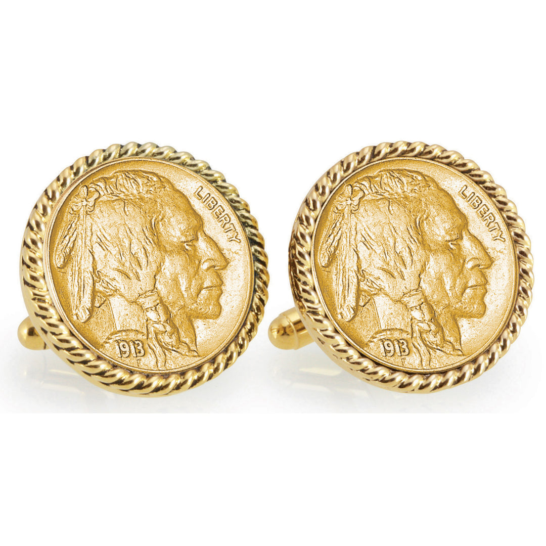 Gold-Layered 1913 First-Year-of-Issue Buffalo Nickel Goldtone Rope Bezel Coin Cuff Links Image 1