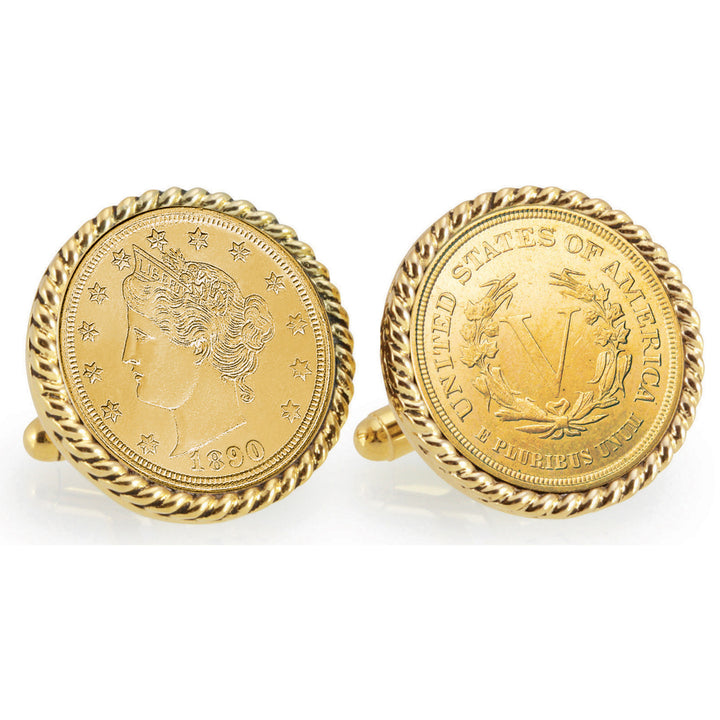 Gold-Layered 1800s Liberty Nickel Goldtone Rope Bezel Coin Cuff Links Image 1