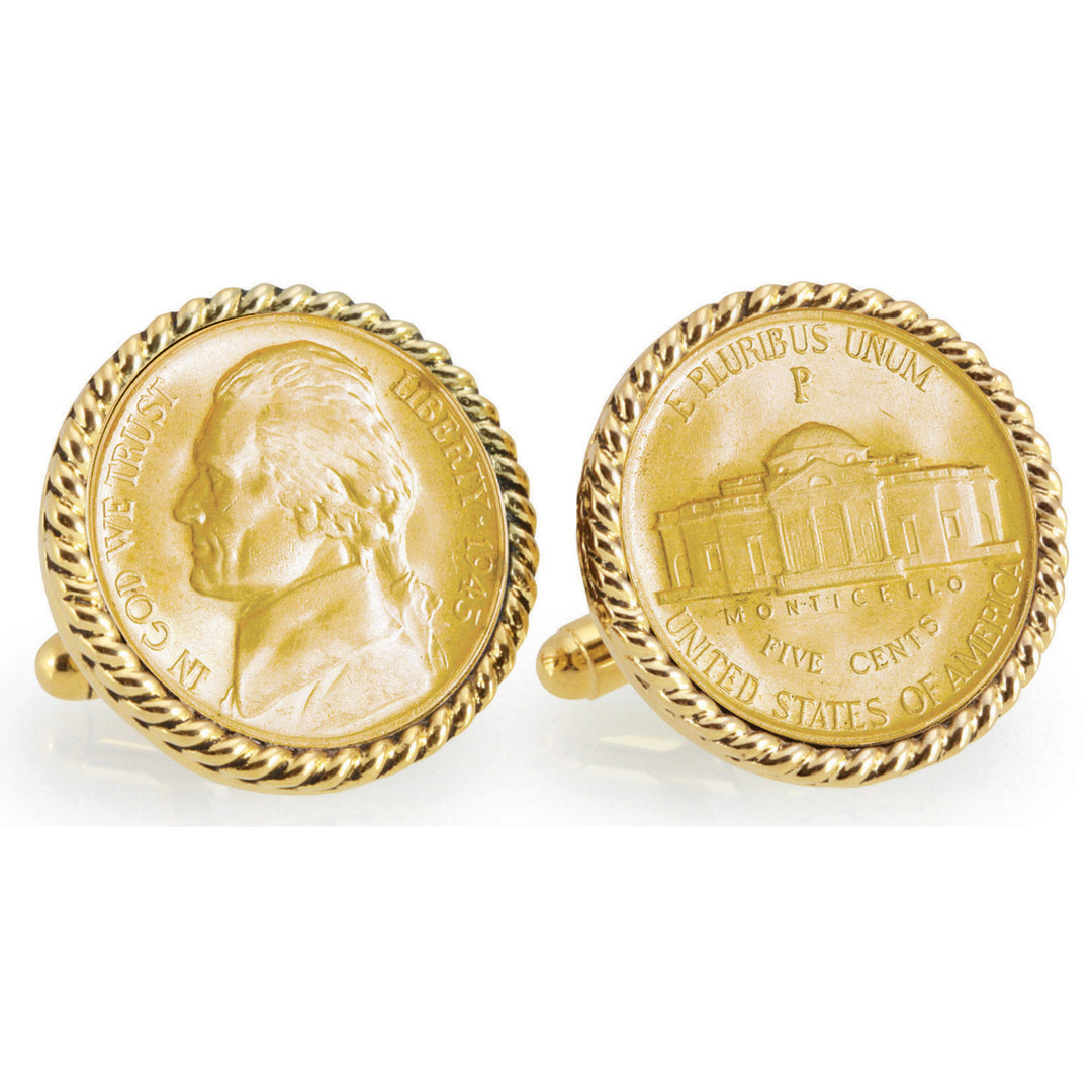 Gold-Layered Silver Jefferson Nickel Wartime Nickel Goldtone Rope Bezel Coin Cuff Links Image 1